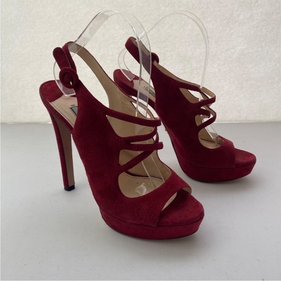 Prada Heels Pumps Shoes Suede red Peep Toe - Picture 2 of 11